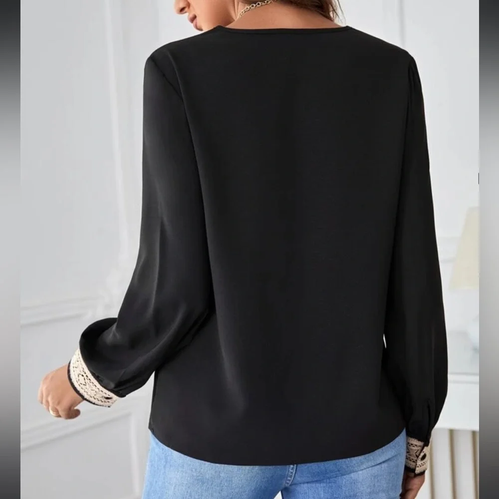 SHEIN CURVE CONTRAST LACE LONG-SLEEVE BLOUSE BLACK/TAN 0XL WOMEN - Picture 3 of 15